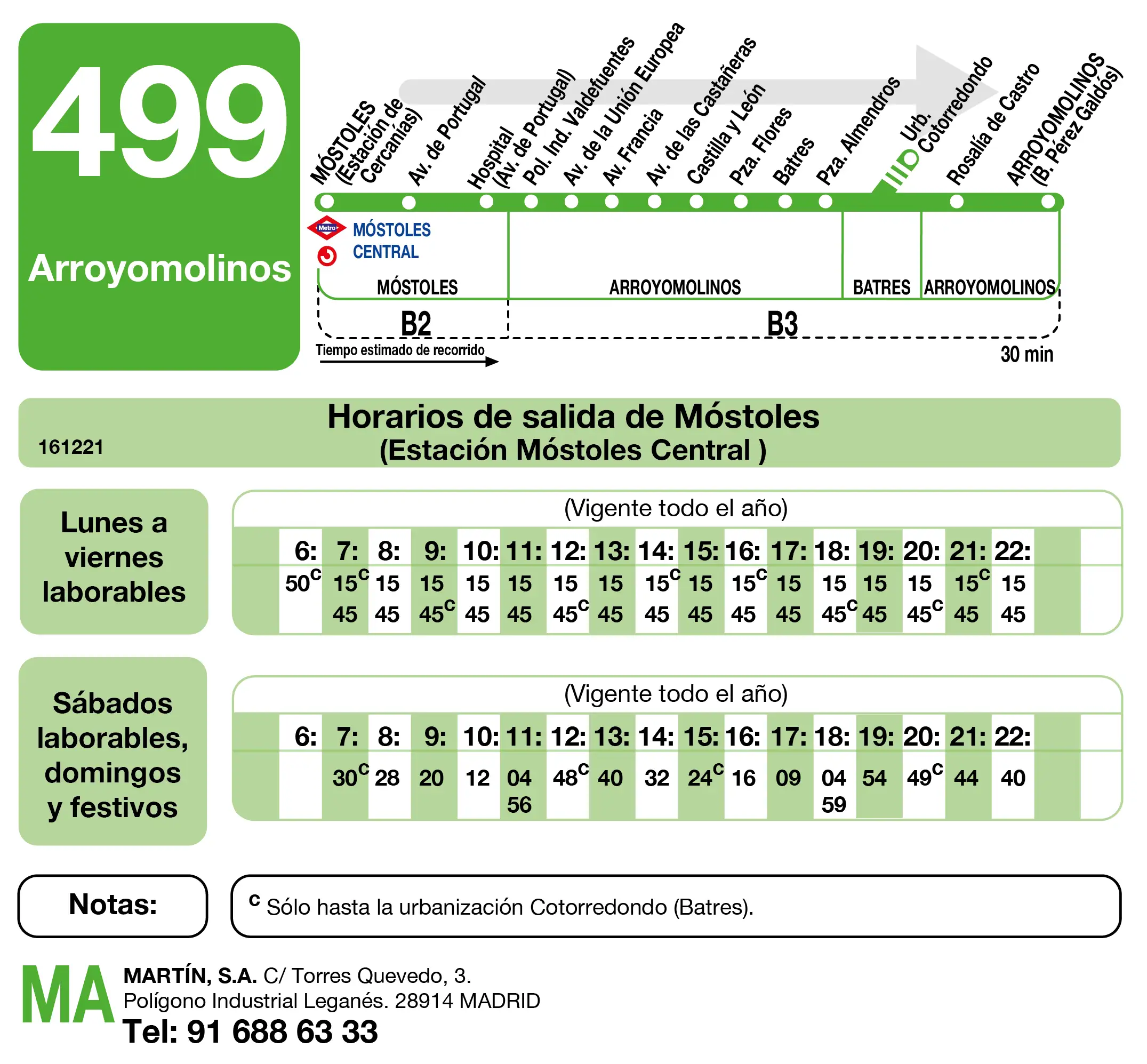 Tabla de horario para la ida de la línea 499 Móstoles – Arroyomolinos