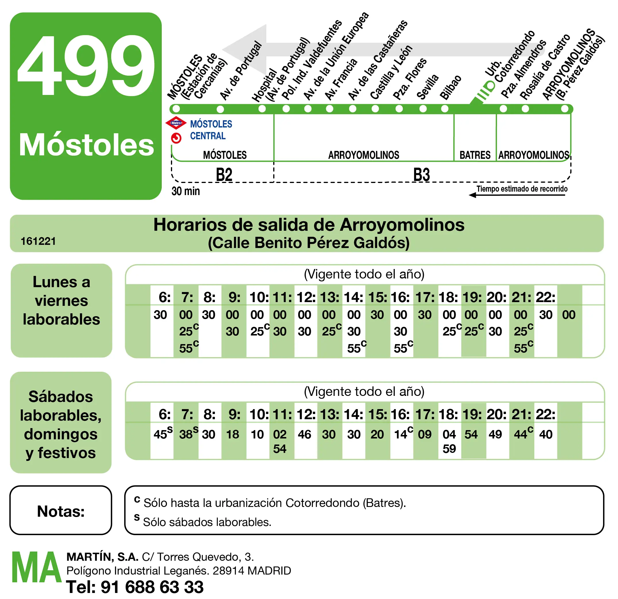 Tabla de horario para la vuelta de la línea 499 Arroyomolinos - Móstoles