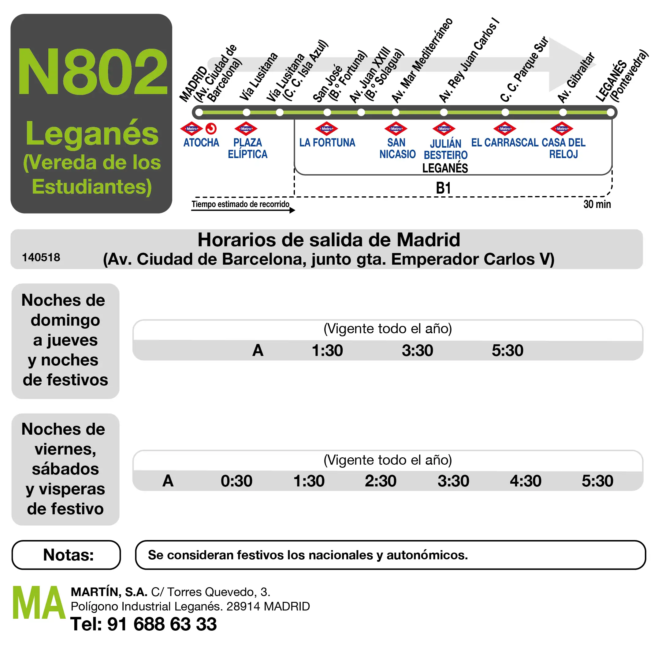 Tabla de horario para la ida de la línea N802 Madrid(Atocha) - Leganés(V. Estudiantes)
