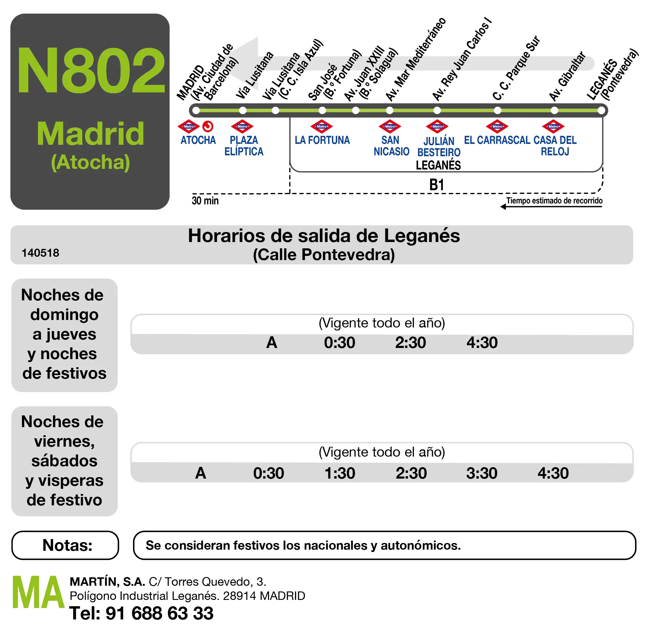 Tabla de horario para la vuelta de la línea N802 Leganés (V. Estudiantes) - Madrid (Atocha)