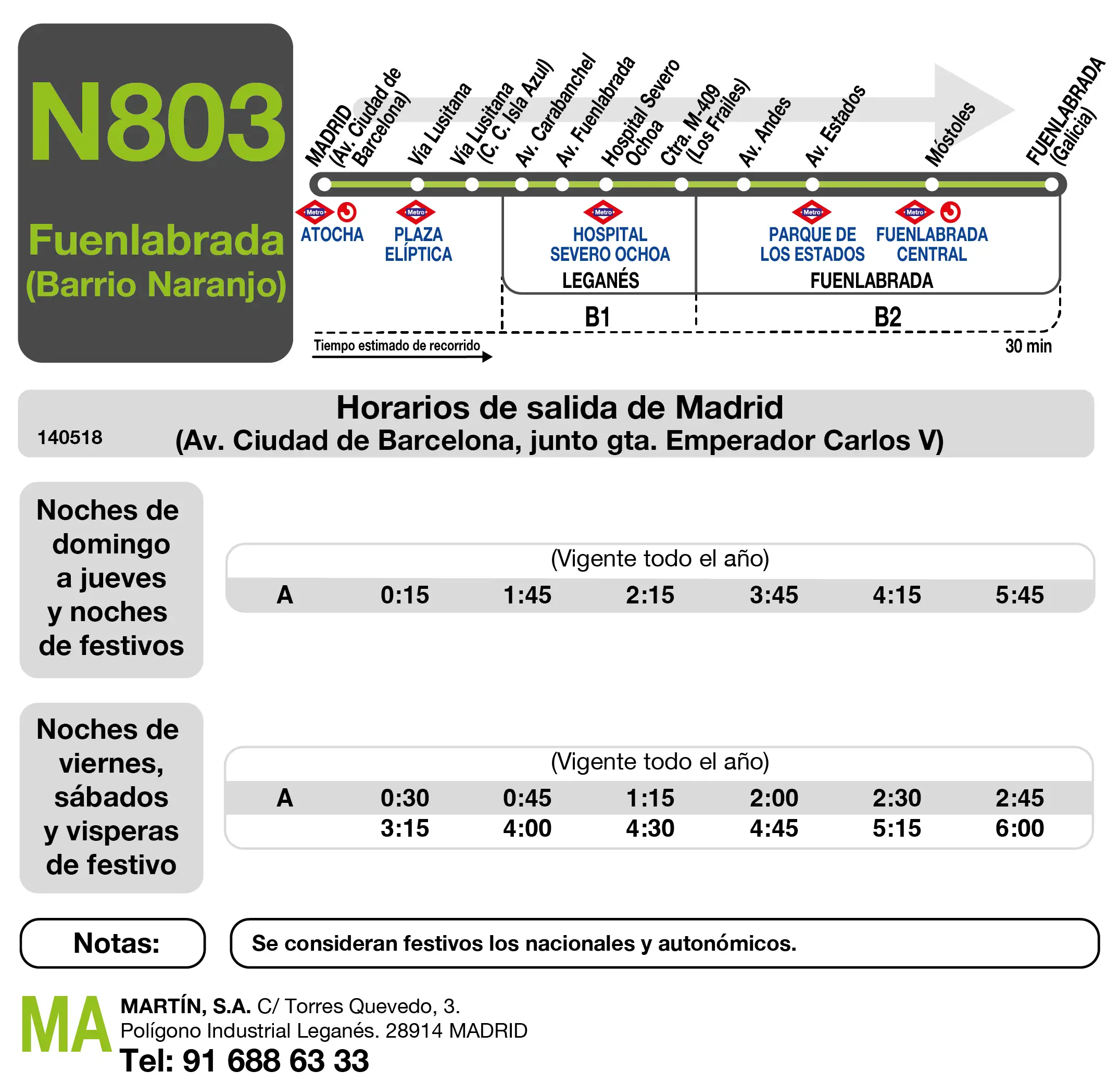 Tabla de horario para la vuelta de la línea N803 Madrid (Atocha)-Fuenlabrada (BºNaranjo) 