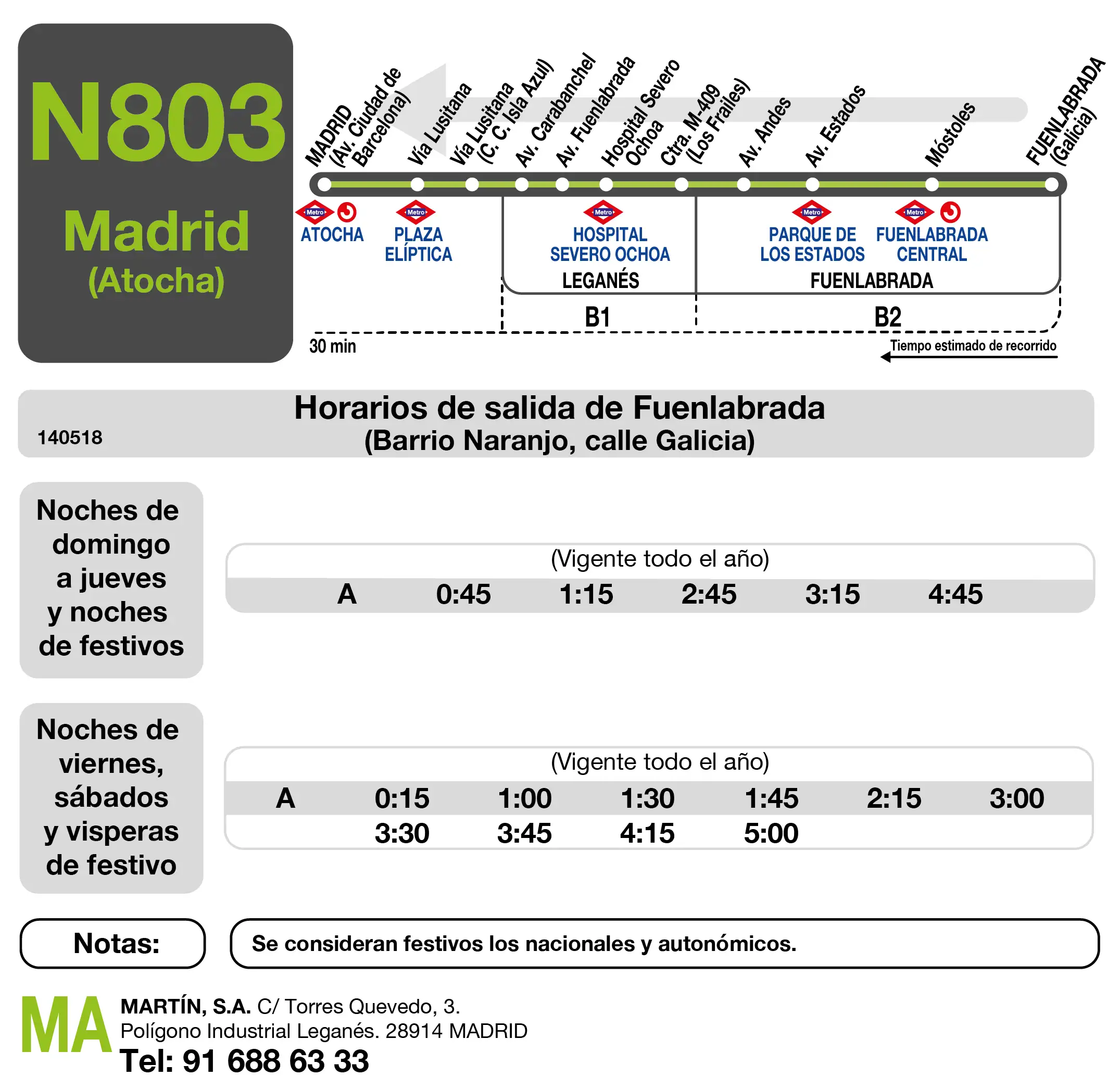 Tabla de horario para la vuelta de la línea N803 Fuenlabrada (BºNaranjo) - Madrid (Atocha)