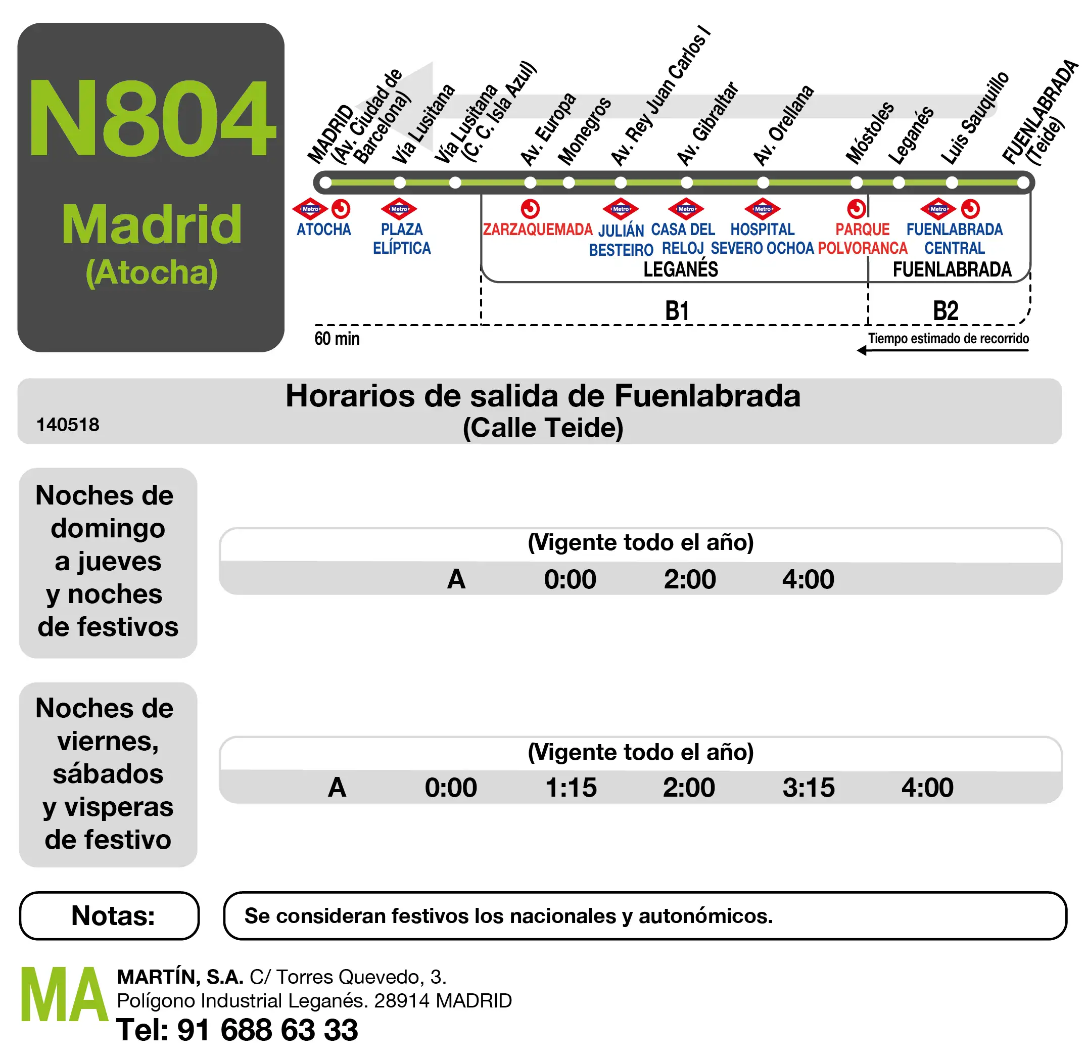 Tabla de horario para la vuelta de la línea N804 Fuenlabrada - Madrid (Atocha)