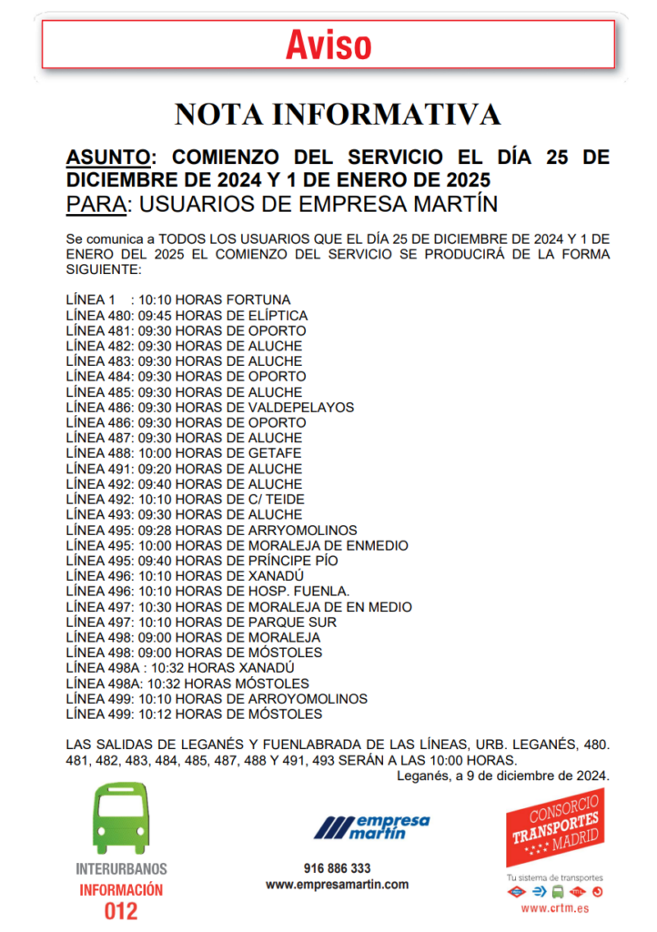 Comienzo del servicio del día 25 de diciembre de 2024 y 1 de enero de 2025