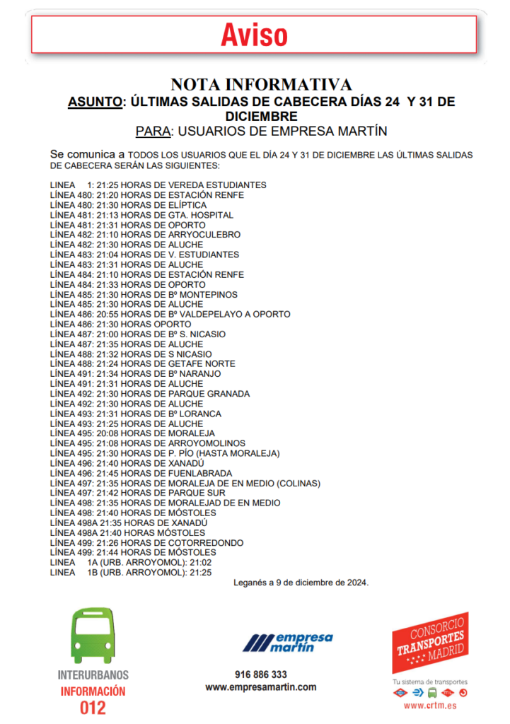 Últimas salidas de cabecera de los días 24 y 31 de diciembre