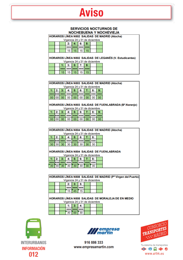 Servicios nocturnos de Nochebuena y Nochevieja